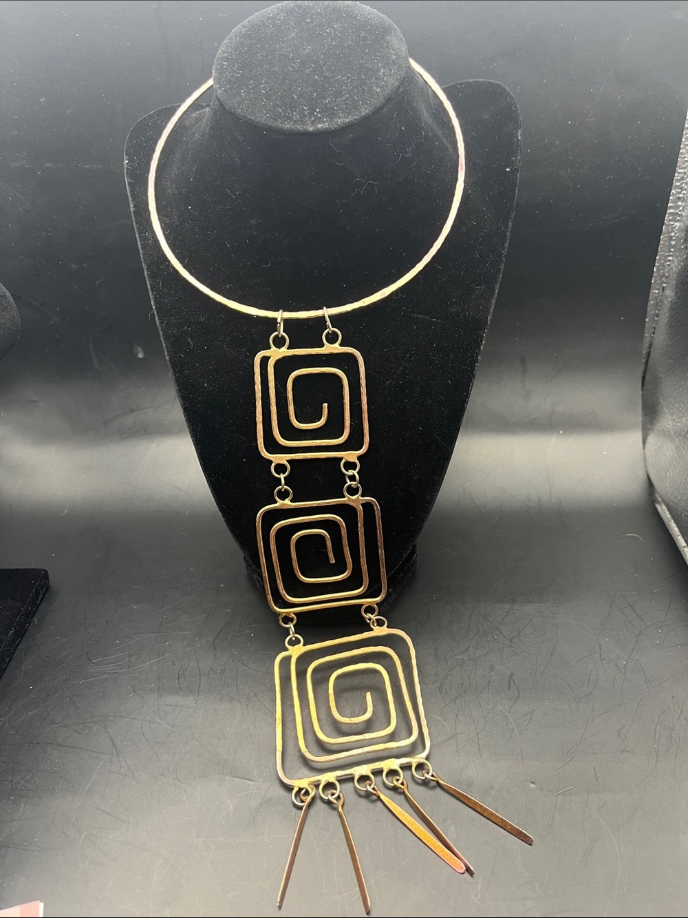 70s vintage Gold Geometric square collar  Pendant Necklace modernist Greek key